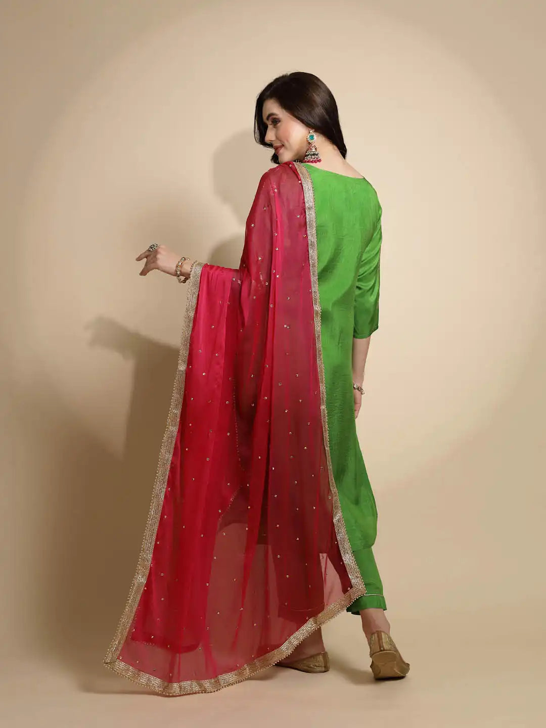 Green Foil Printed Three Quarter Sleeves Key Hole Neck Silk Kurta Set With Georgette Dupatta