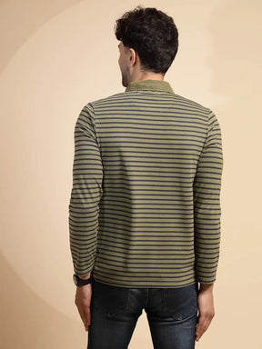 Green Striped Three Fourth Sleeve Polyester T-Shirt