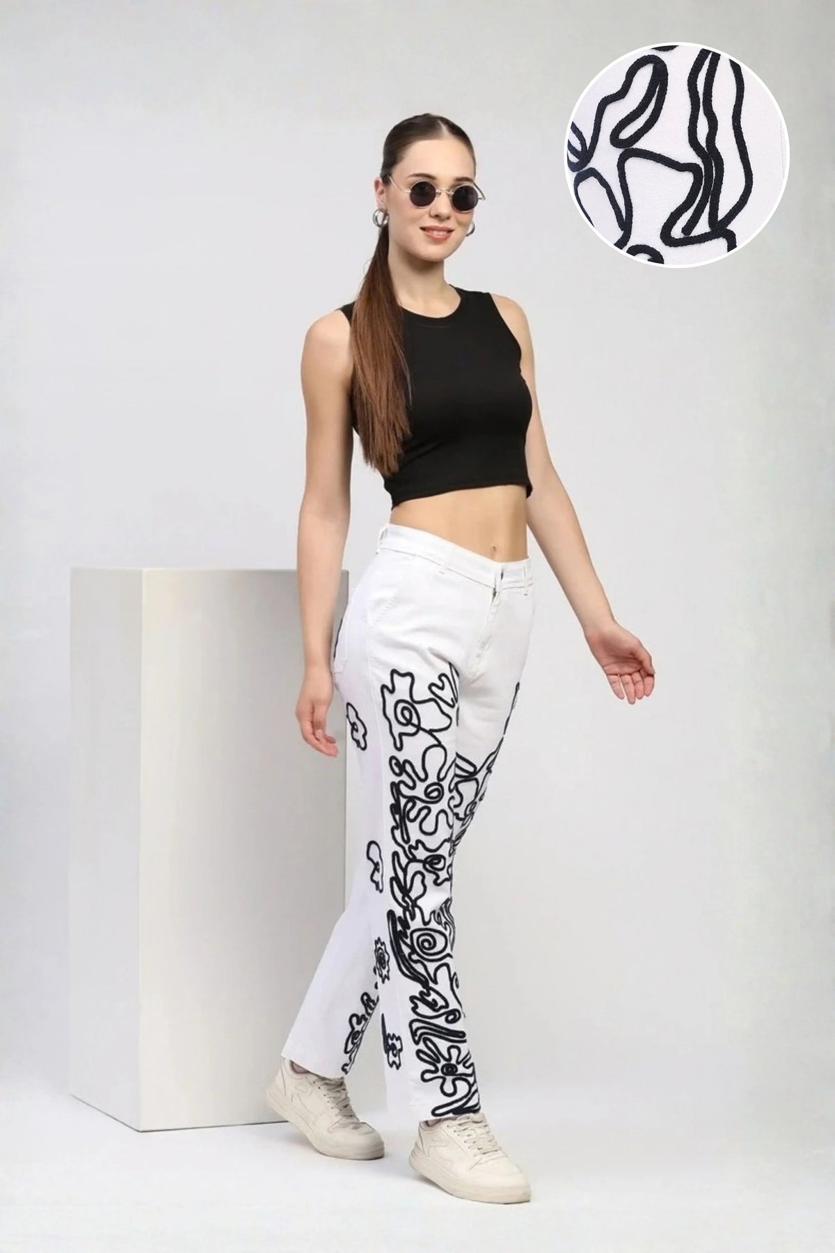 White Abstract Embroidered Jeans