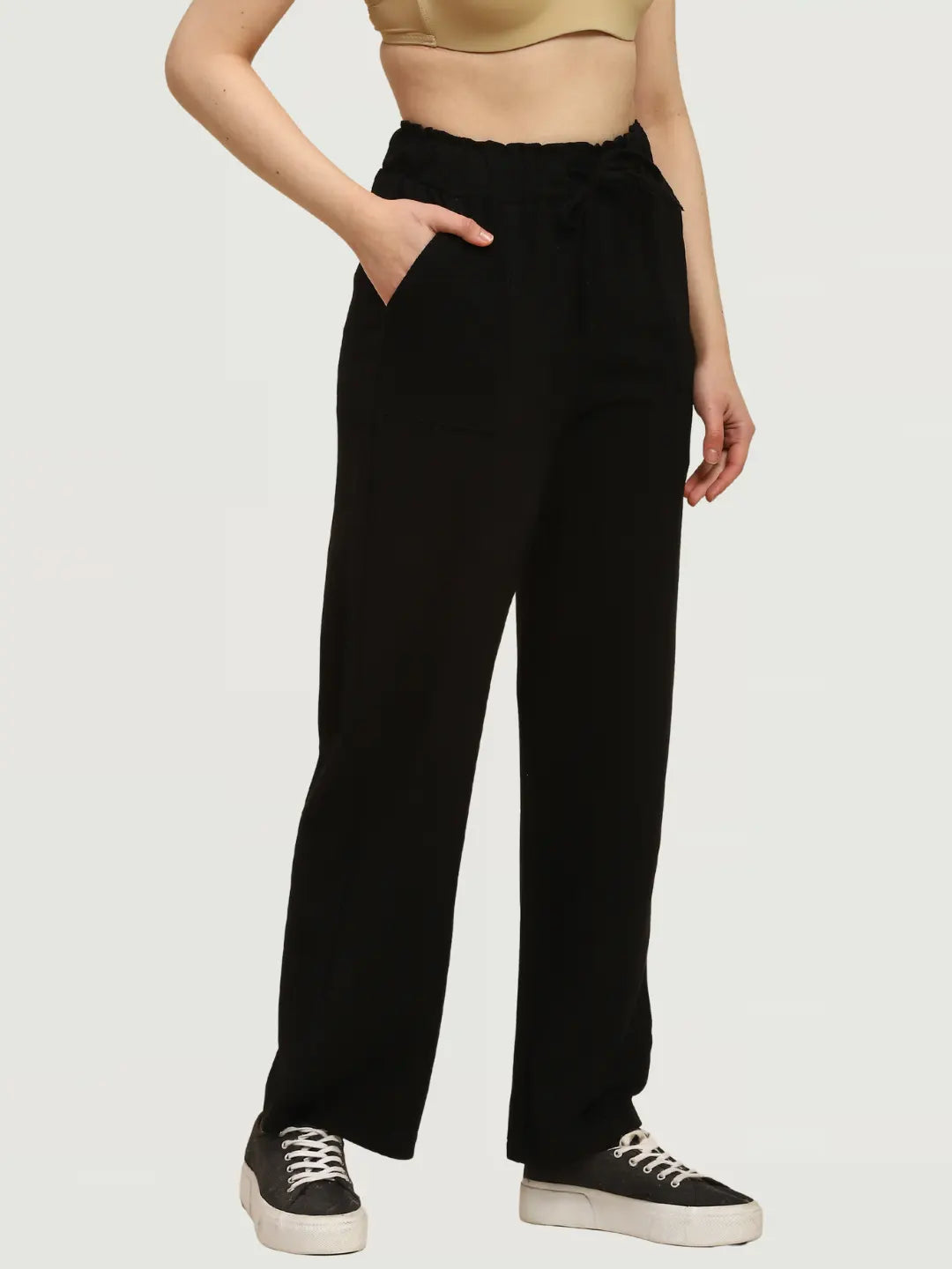 Black Solid Cotton Linen Relaxed Lower