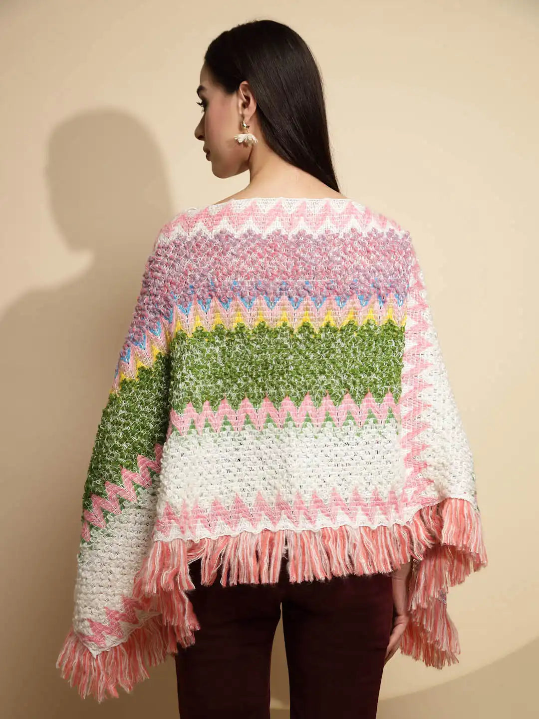 Multicolor Abstract Print Full Sleeve Boat Neck Acrylic Poncho