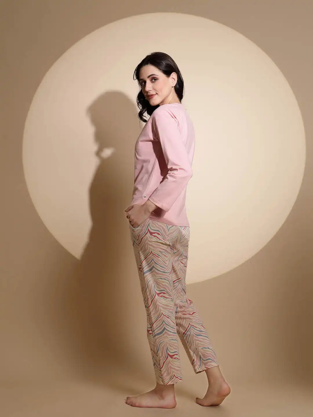 Pink Hosiery Round Neck Printed Top & Pyjama Night Suit Set - Global Republic