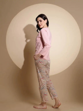 Pink Hosiery Round Neck Printed Top & Pyjama Night Suit Set