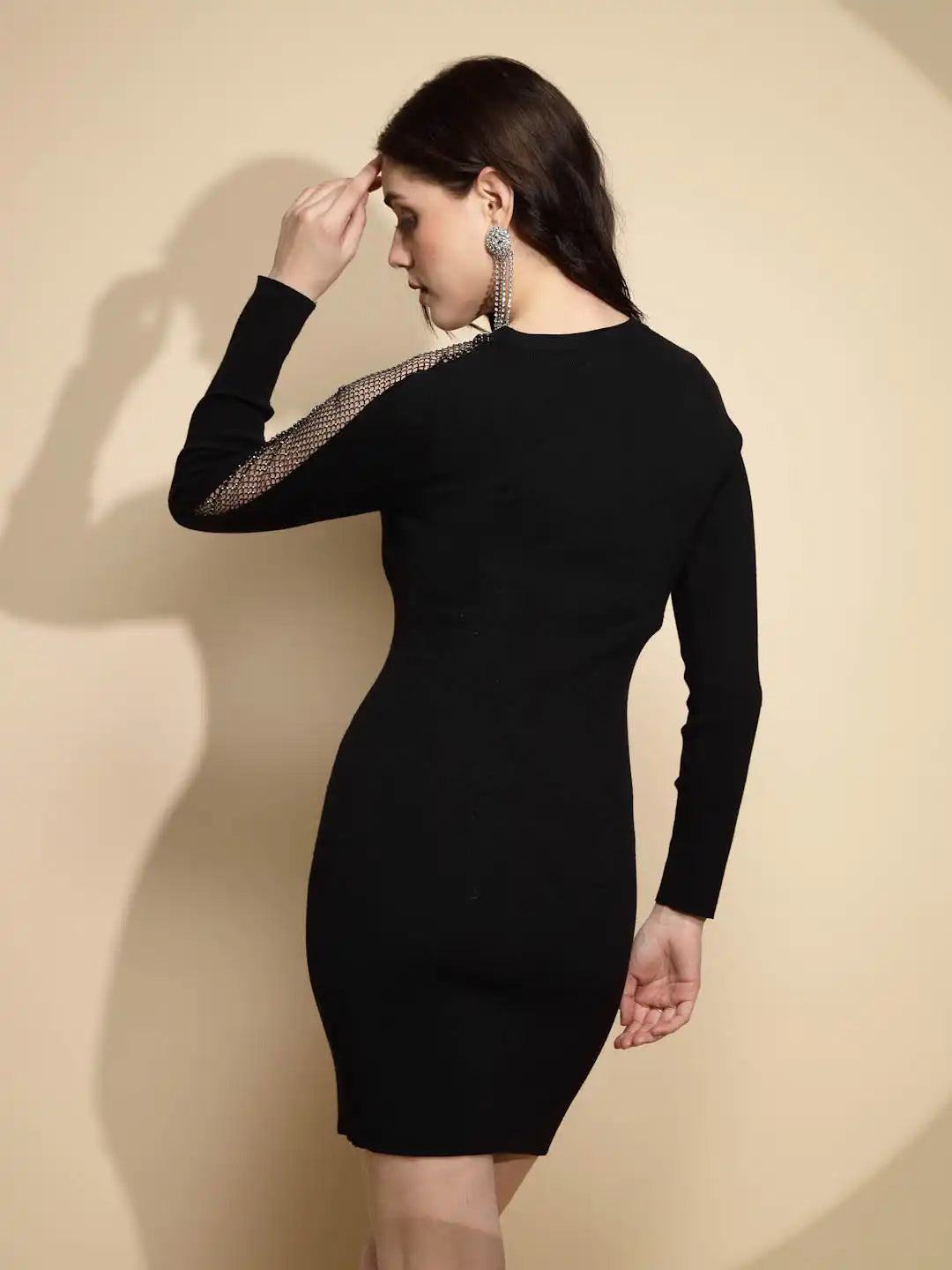 Black Embellished Full Sleeve Round Neck Viscose Winter Dress