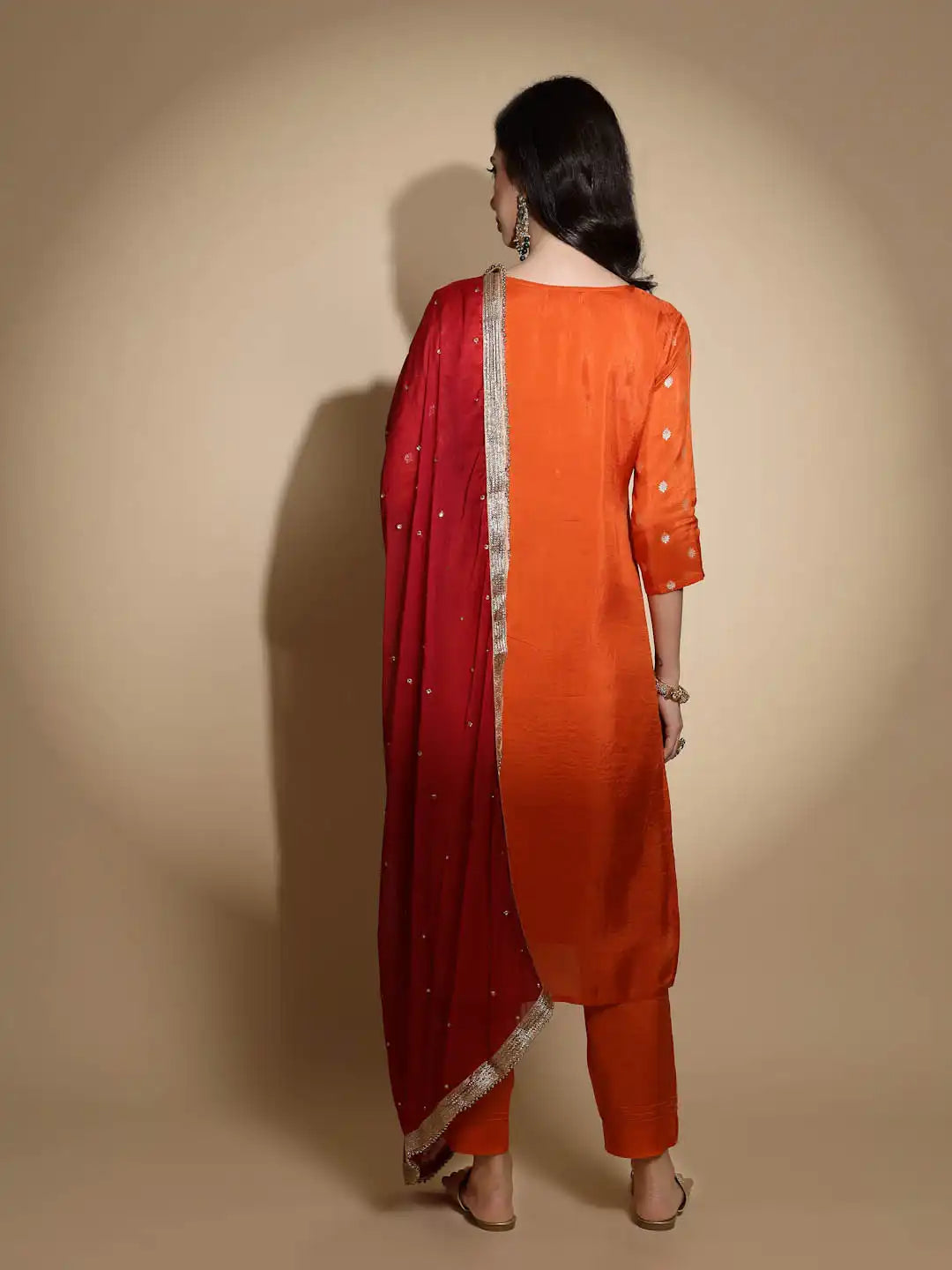 Orange Foil Printed Three Quarter Sleeves Round Neck Silk Kurta Set With Organza Dupatta