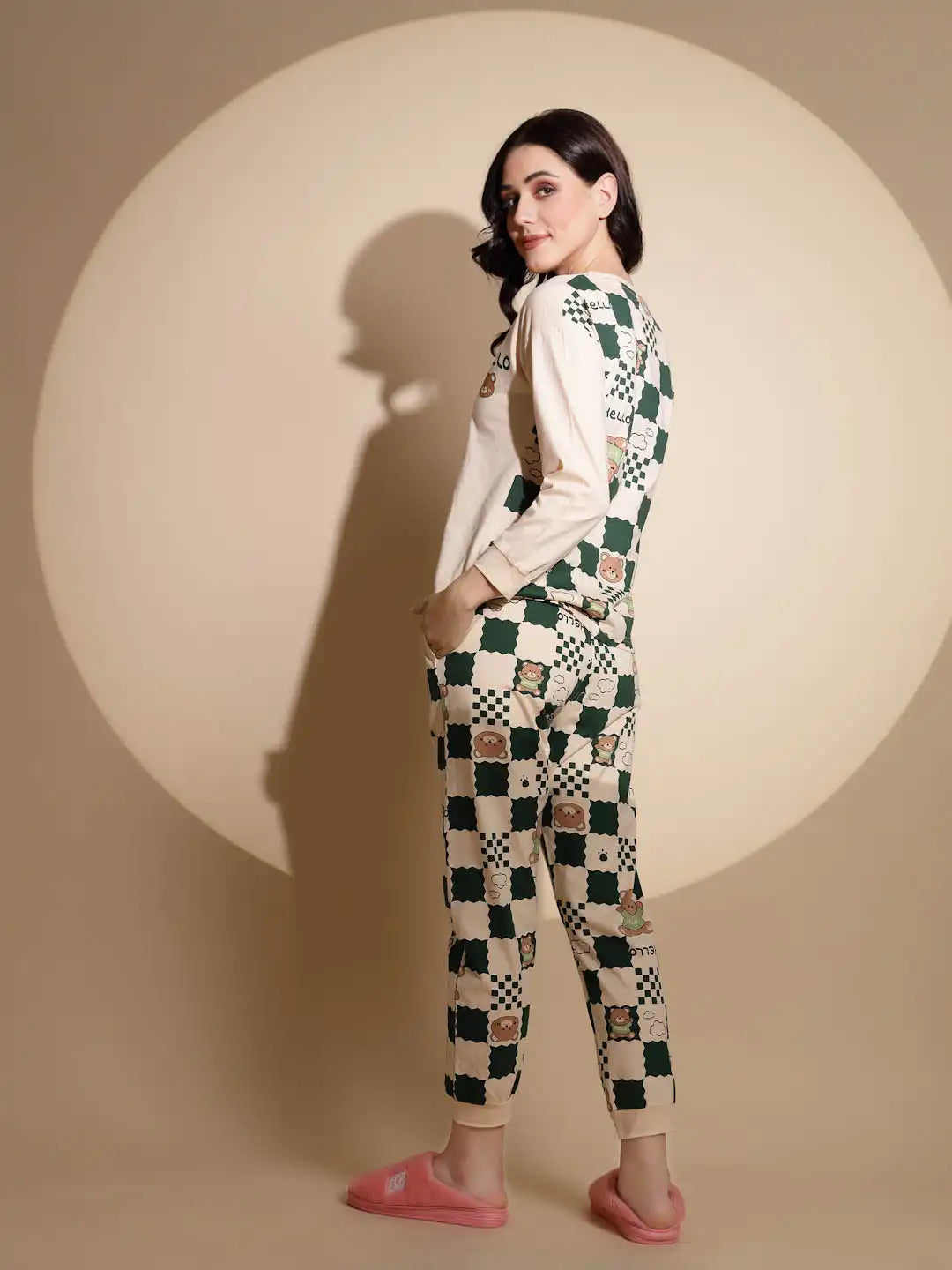 Peach and Green Hosiery Printed Top & Pyjama Night Suit Set - Global Republic
