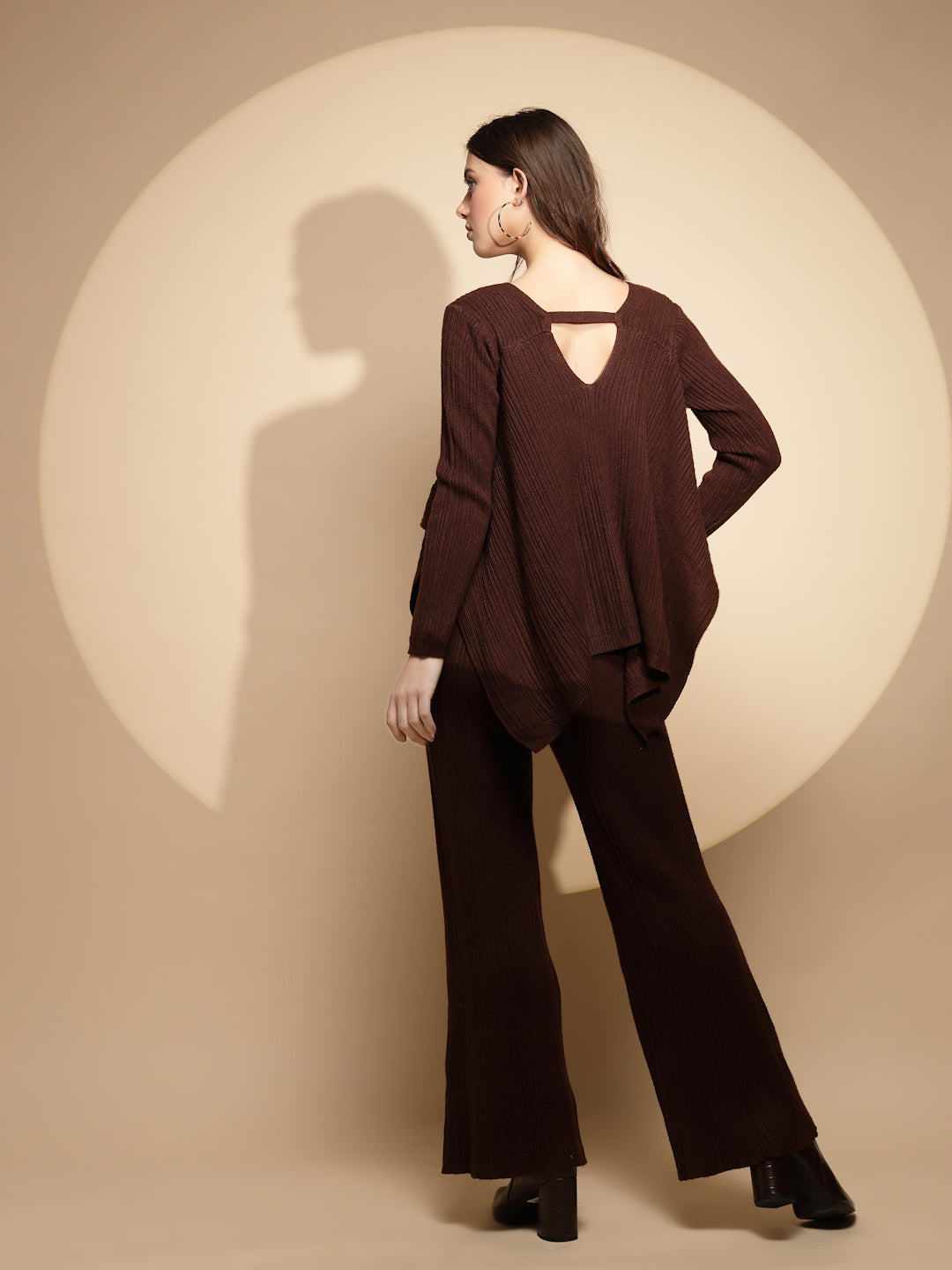 Women Dark Brown Solid V-Neck Full Sleeve Viscose Co-ord Sets
