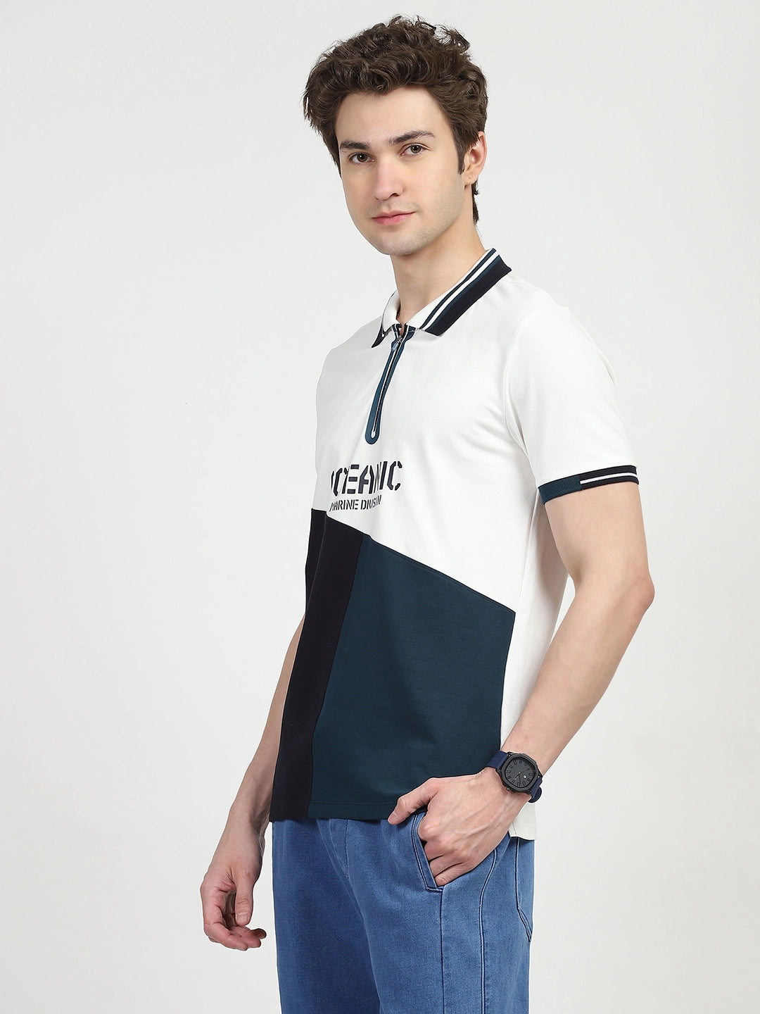 Blue Color Block Cotton Polo T-shirt - Global Republic