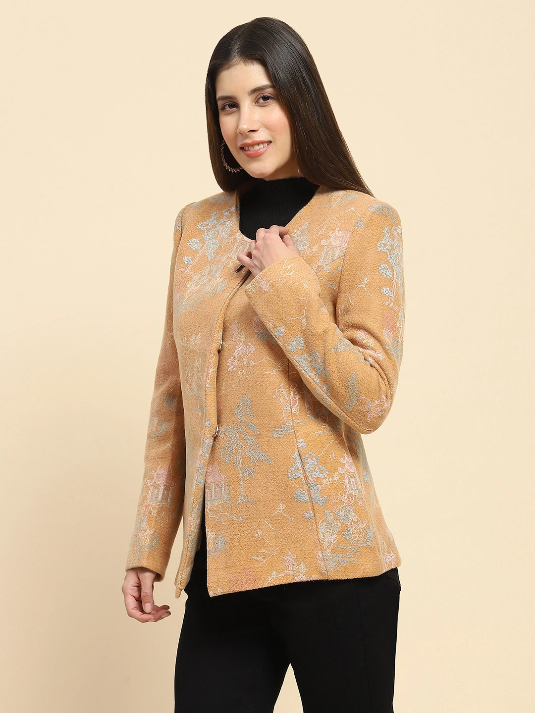 Tan  Acrylic Embroidered Winter Coat - Global Republic