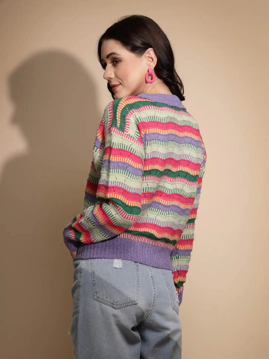 Multicolor Striped Full Sleeve Knitted Regular Fit Pullover