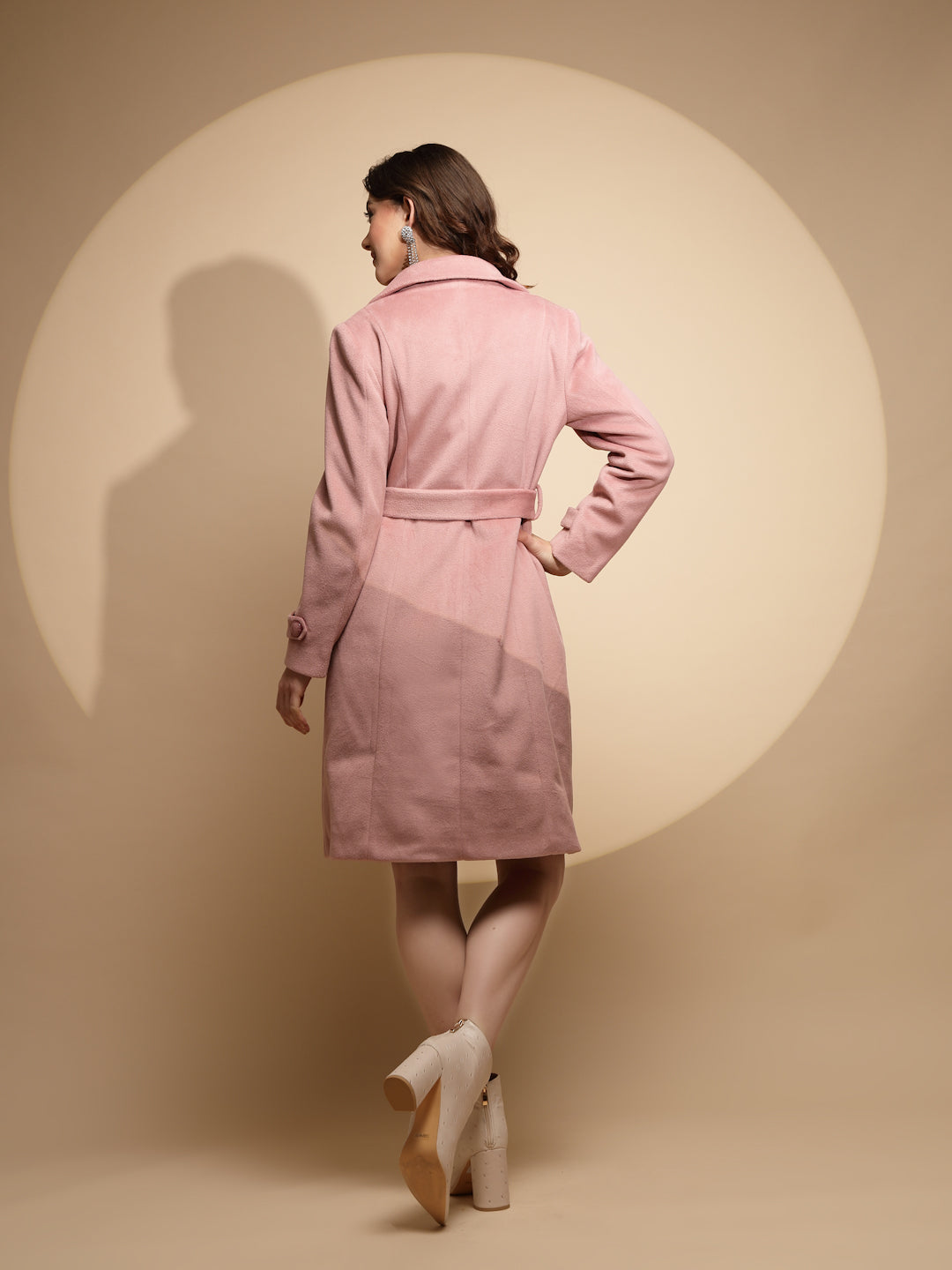 Women Dusty Pink Solid Collared Neck Full Sleeve Woolen Long Coat - Global Republic