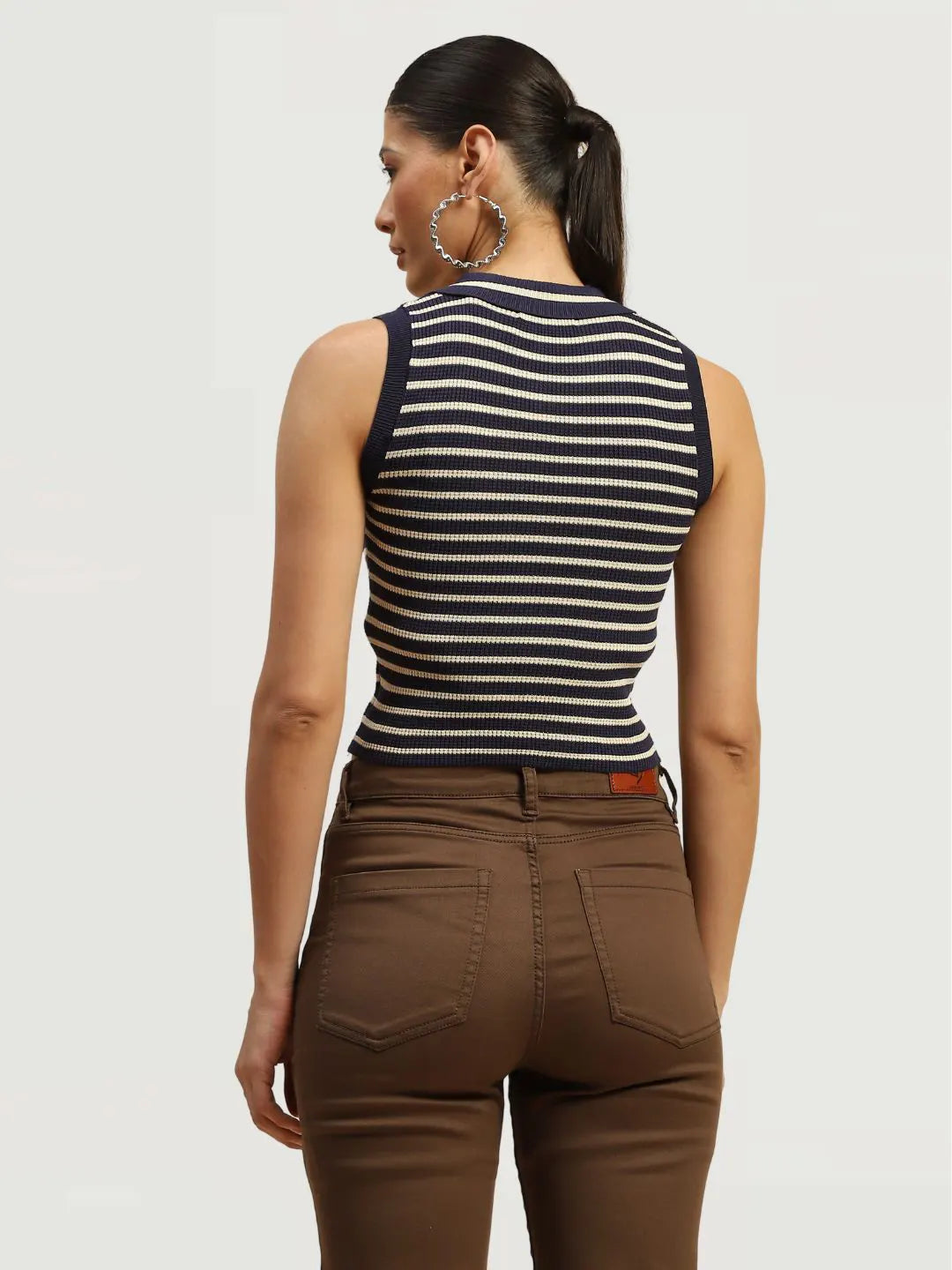 Navy Viscose Striped Slim Crop Top - Global Republic