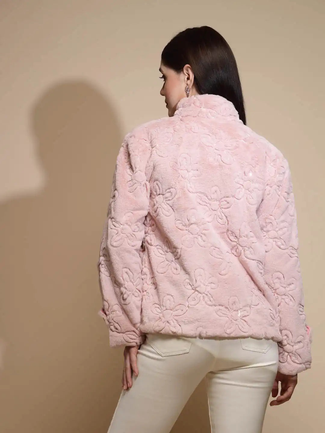 Dark Pink Embroidered Full Sleeve Turtle Neck Woolen Jacket