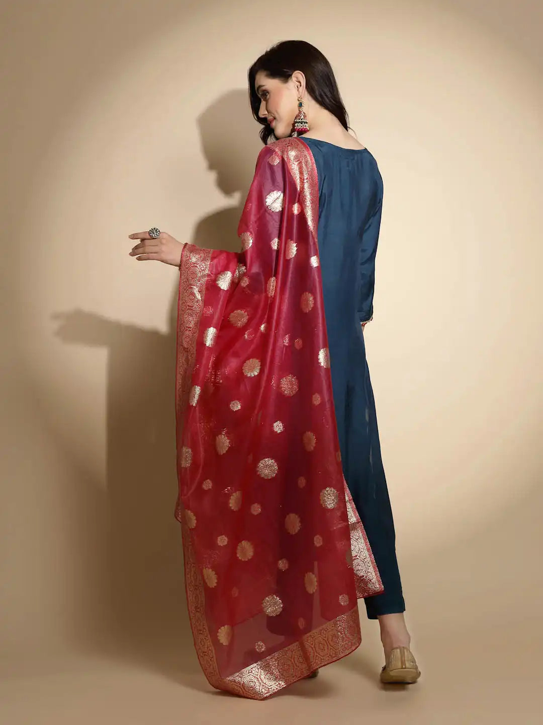 Teal Embroidered Cotton Kurta Bottom Set With Organza Dupatta