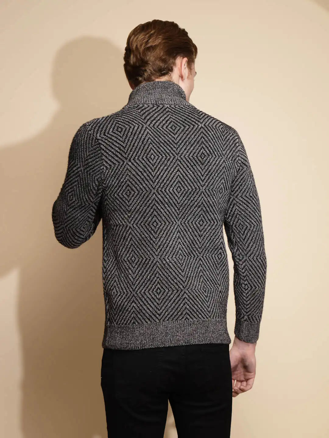 Black Geometric Print Full Sleeve Turtle Neck Acrylic Pullover