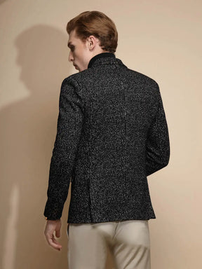 Black Abstract Print Full Sleeve Collared Neck Cotton Blend Blazer For Men