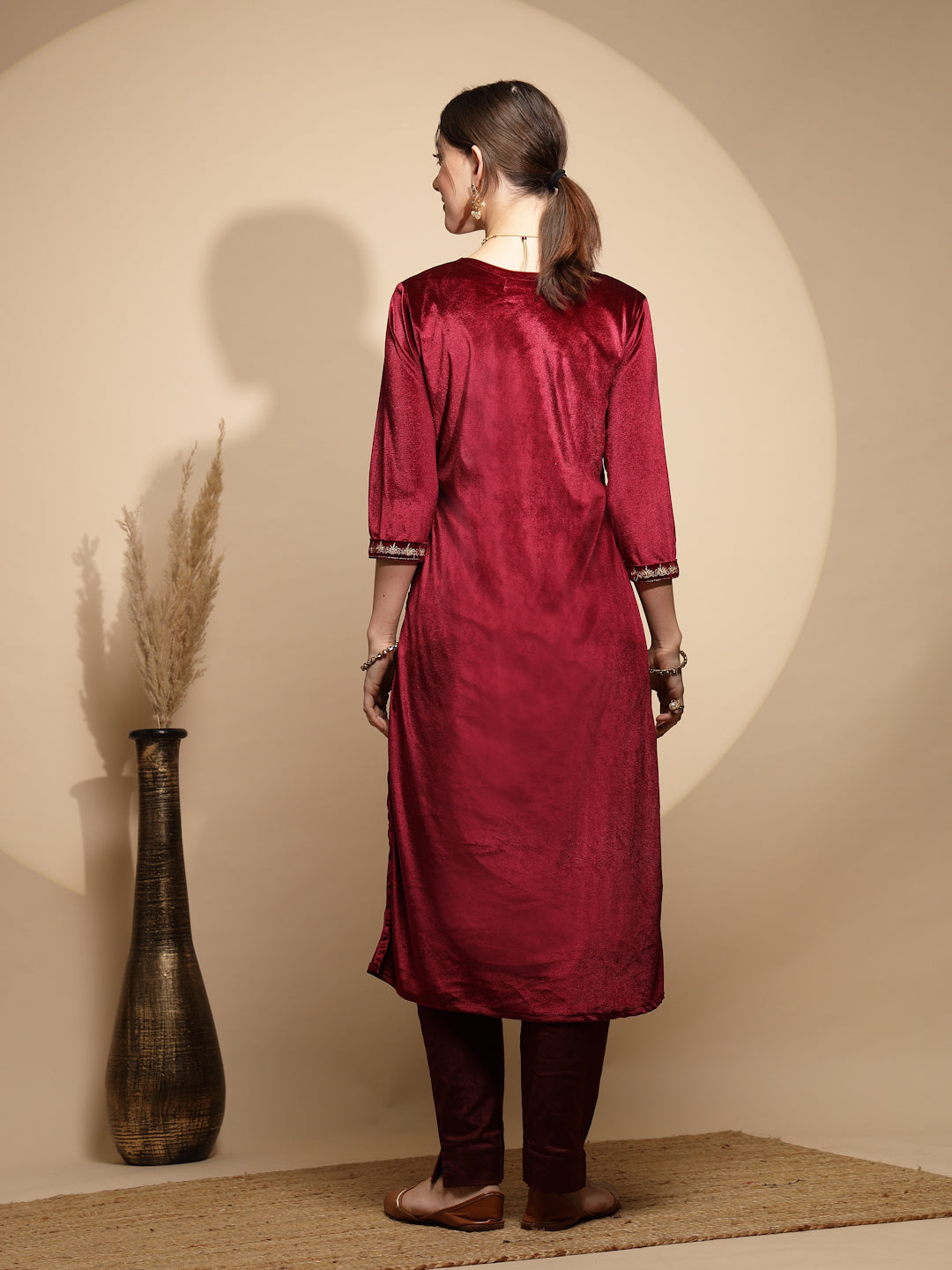 Maroon Embellished Three Quarter Round Neck Velvet Kurta For Women