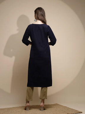 Women Blue Embellished Kurta Round Neck Polyester Blend With Three Quarter Sleeve