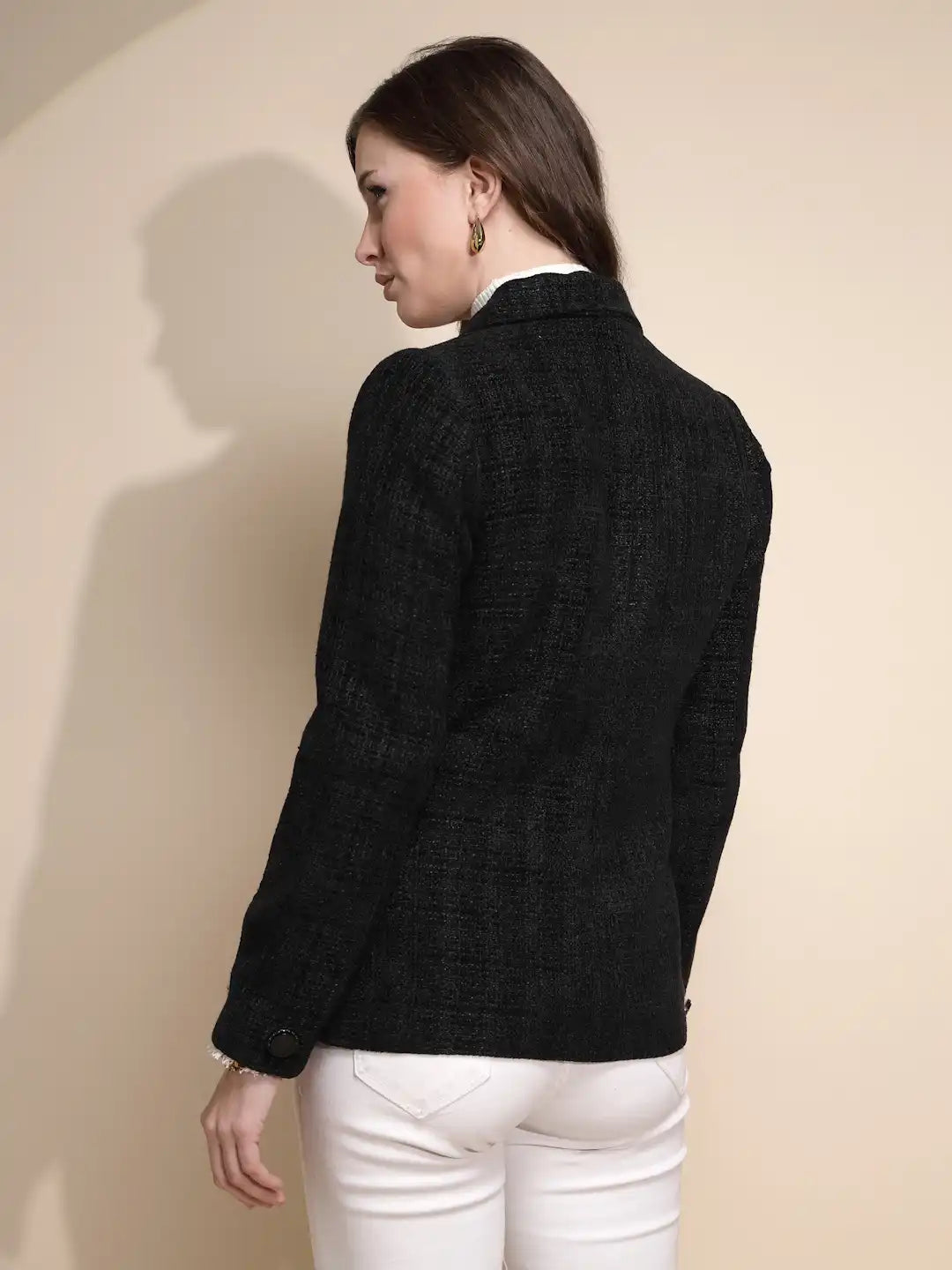 Women Black Solid Full Sleeve Collared Neck Tweed Coat