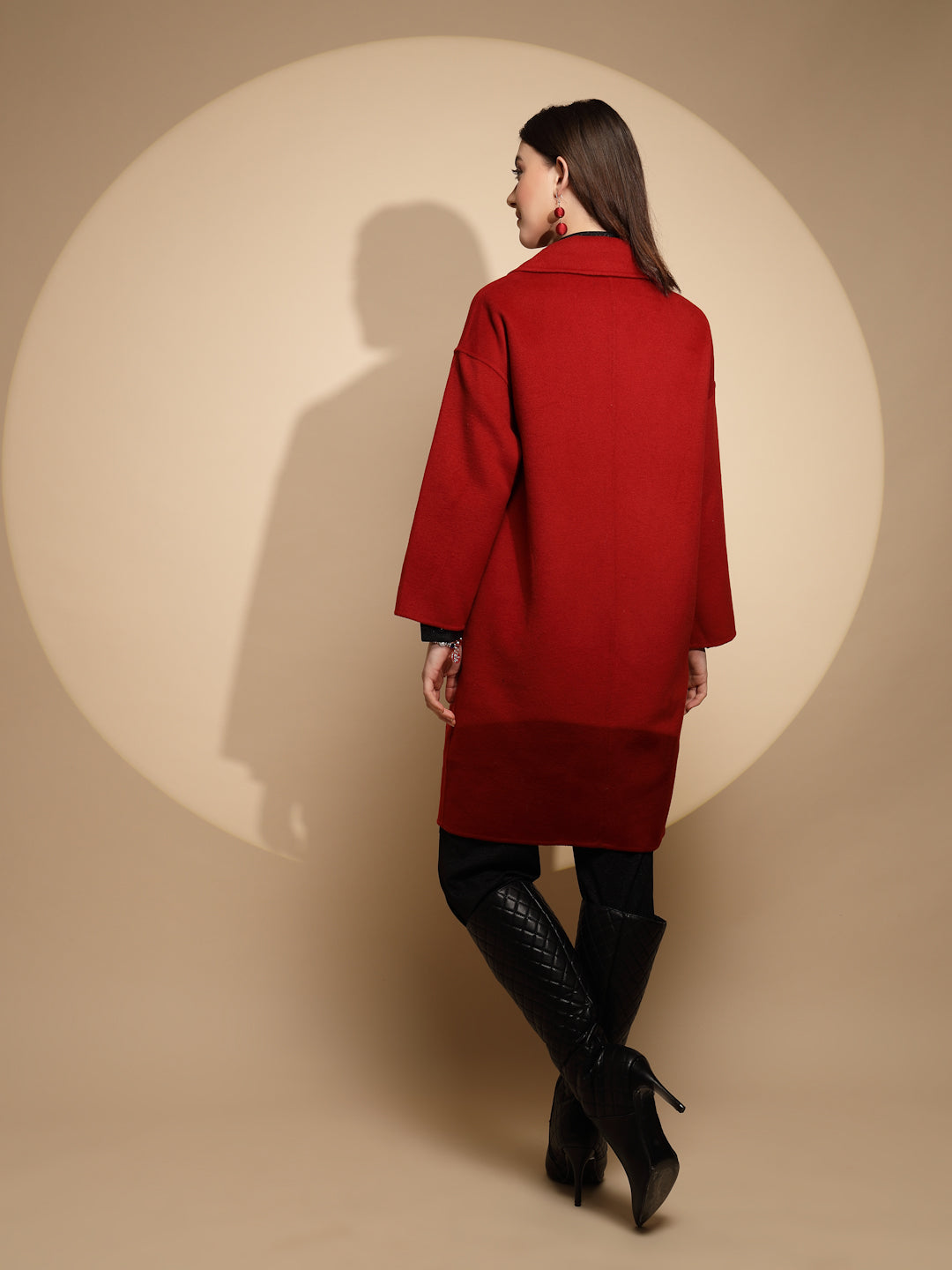 Women Red Solid Collared Neck Full Sleeve Woolen Long Coat - Global Republic