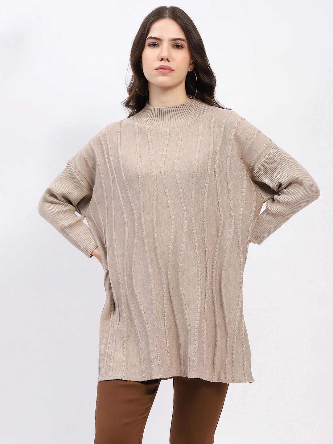 Textured High Neck Tunic Pullover