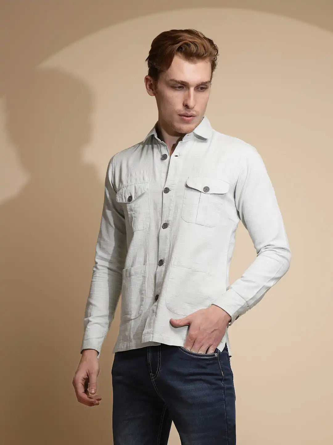 Green Solid Full Sleeve Collared Neck Cotton Shacket – Gl...