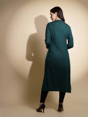Green Printed Full Sleeve Round With V Neck Woolen Kurta