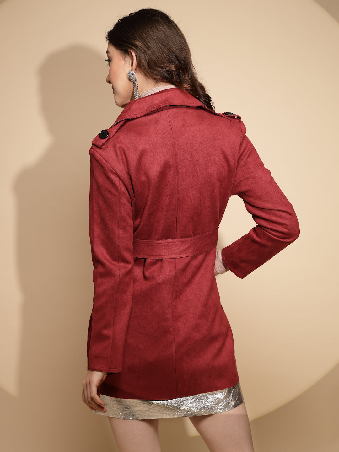Women Maroon Solid Collared Neck Full Sleeve Wool Blend Coat