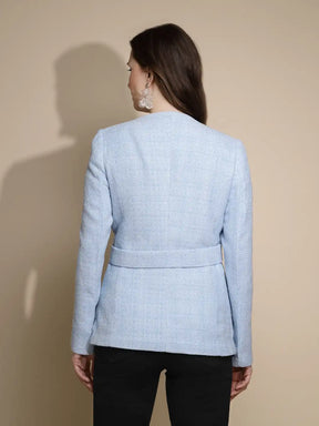 Women Blue Solid Full Sleeve V-Neck Tweed Coat