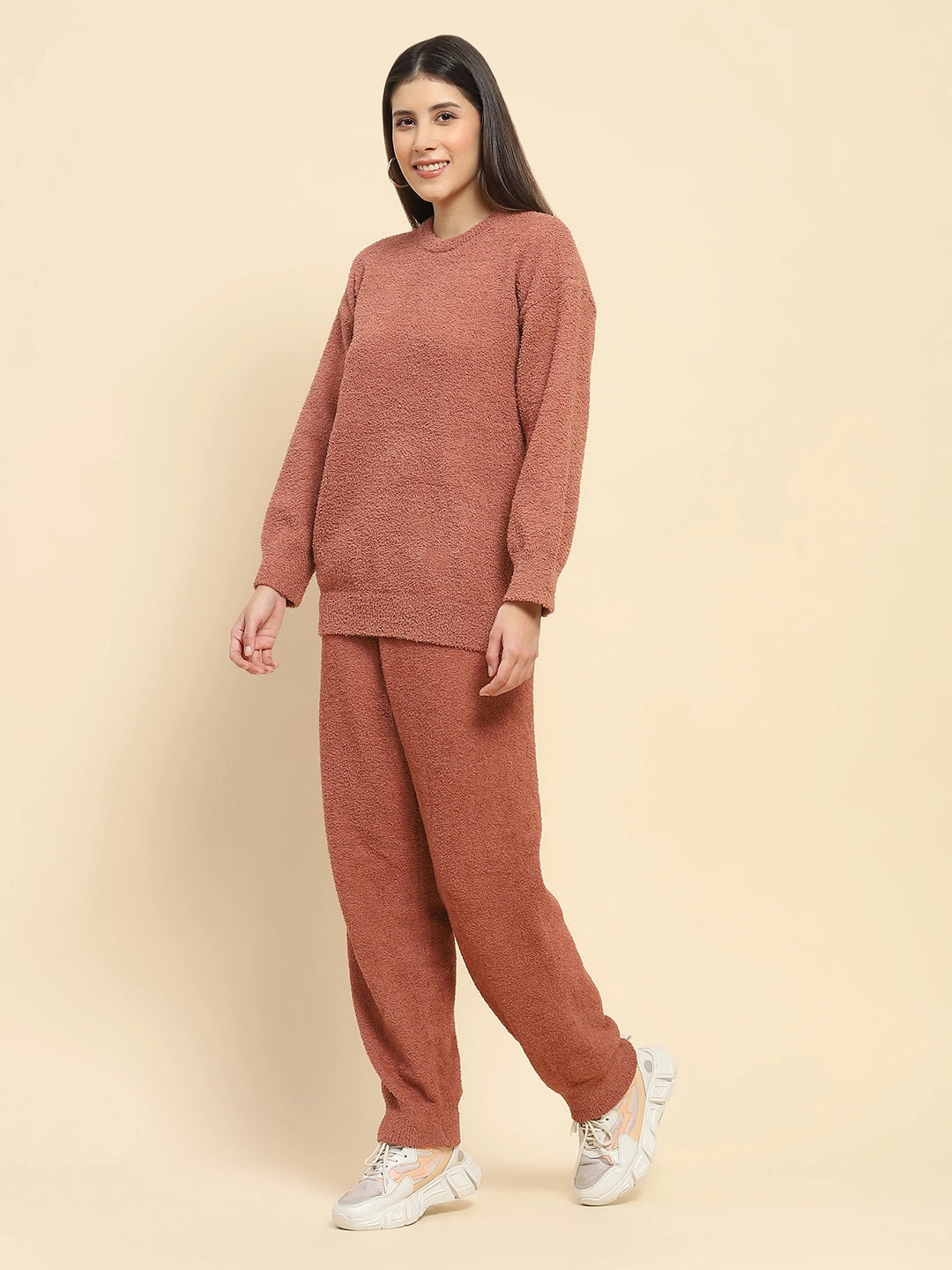 Brown Poly Blend Winter Loungewear