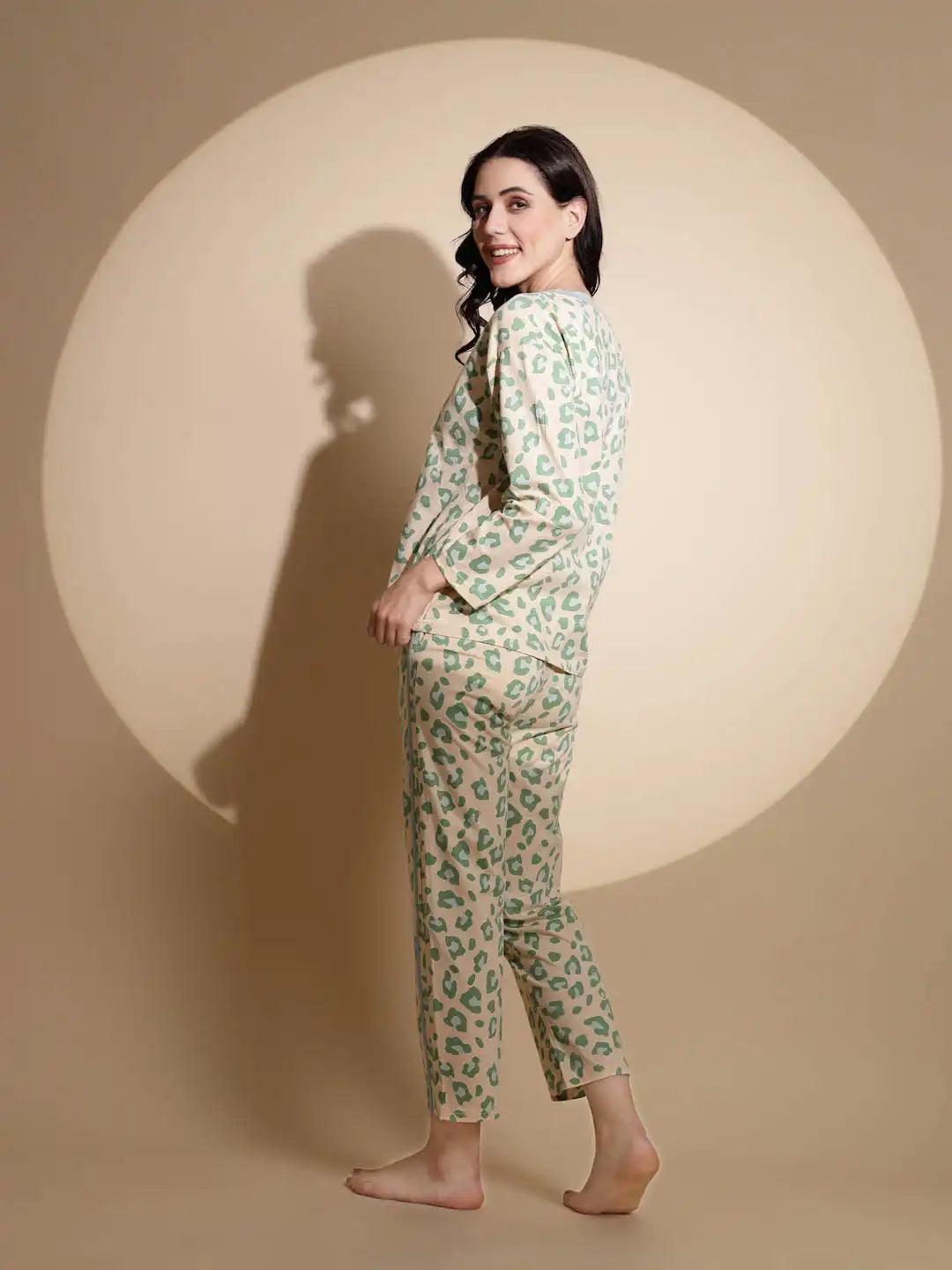 Green Hosiery Three Quarter Sleeve Printed Top & Pyjama Night Suit Set - Global Republic