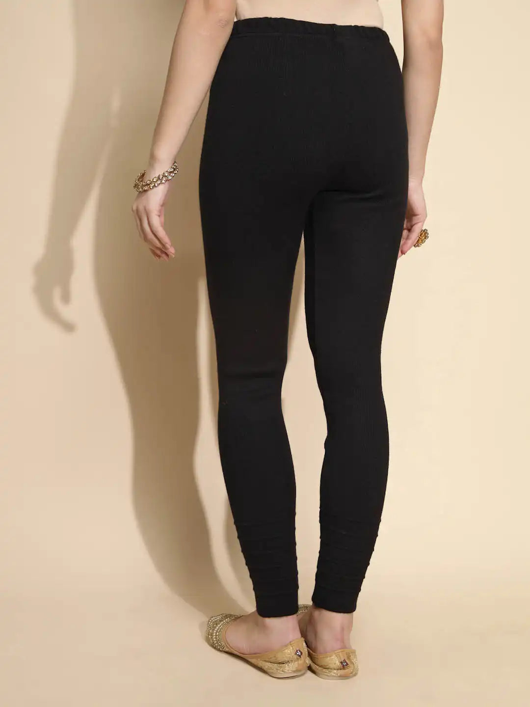 Black Solid Woolen Mid Rise Full Length Stretchable Legging