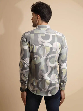 Grey Printed Full Sleeve Collared Neck Polyester Blend Shirt