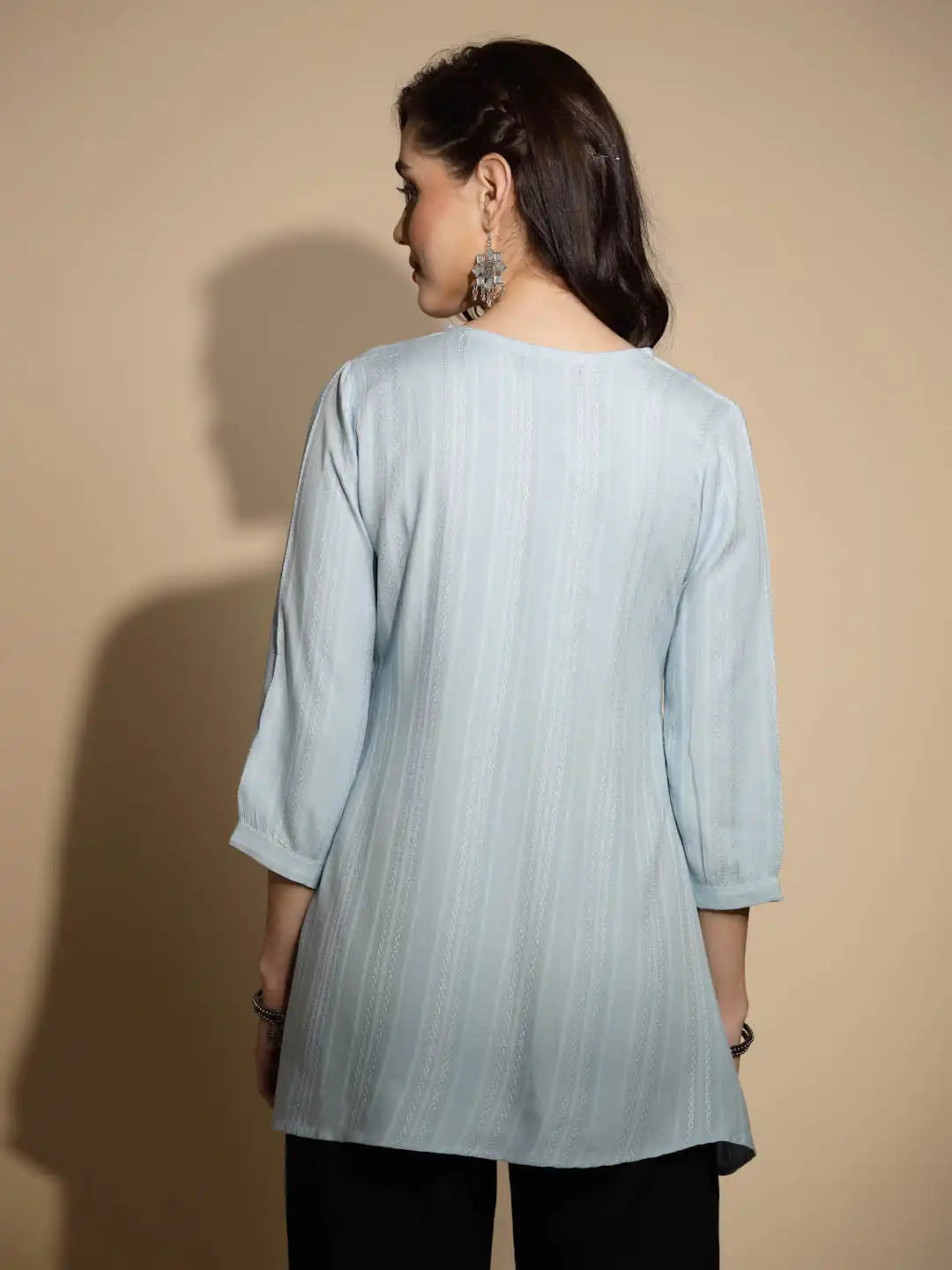 Grey Embroidered Three Quarter Sleeves V-Neck Cotton Blend Tunic - Global Republic