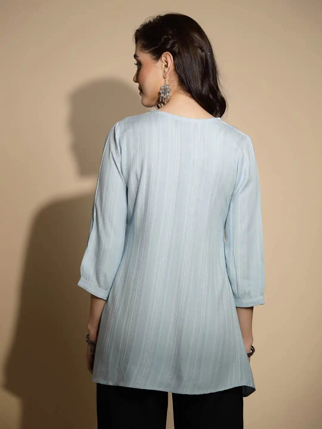 Grey Embroidered Three Quarter Sleeves V-Neck Cotton Blend Tunic