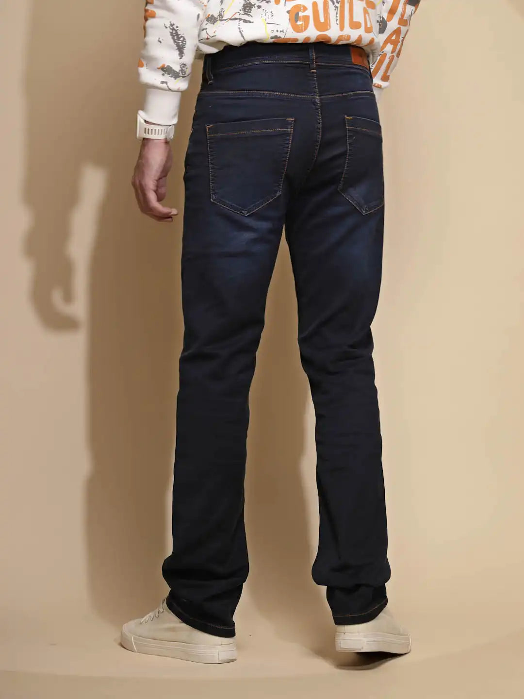 Dark Blue Solid Mid Rise Straight Fit Cotton Blend Jeans - Global Republic