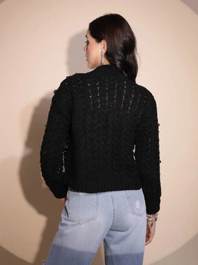 Black Embellished Full Sleeve Front Open Knitted Shrug