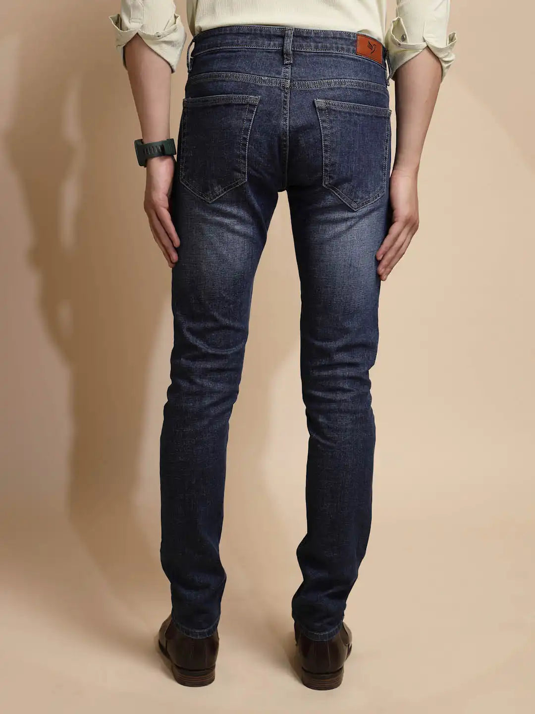 Medium Blue Solid Mid Rise Cotton Blend Jeans