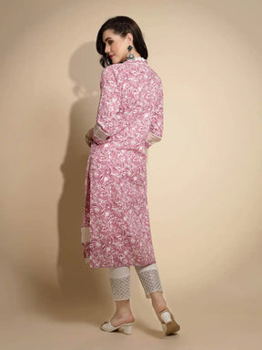 Pastel Pink Floral Prints Three Quarter Sleeves V Neck Cotton Blend Kurta