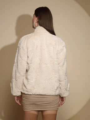 Beige Embossed Woollen Jacket