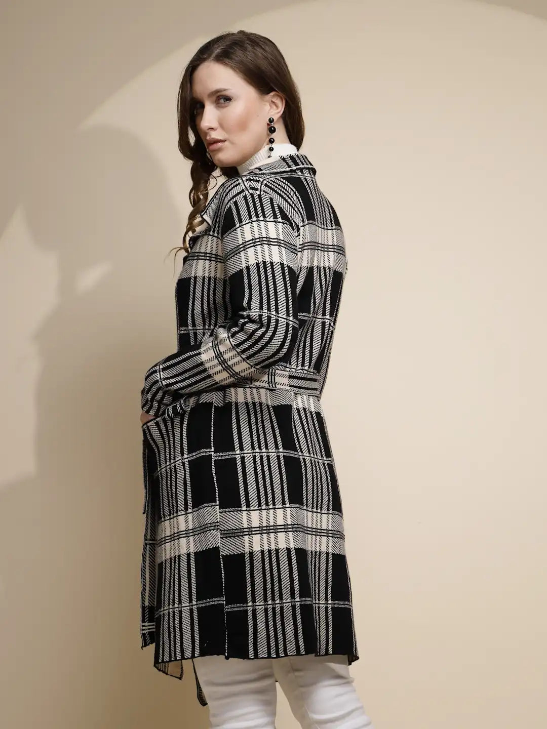 Women Beige Check Full Sleeve Collar Neck Knitted Winter Wrap Coat with Belt - Global Republic