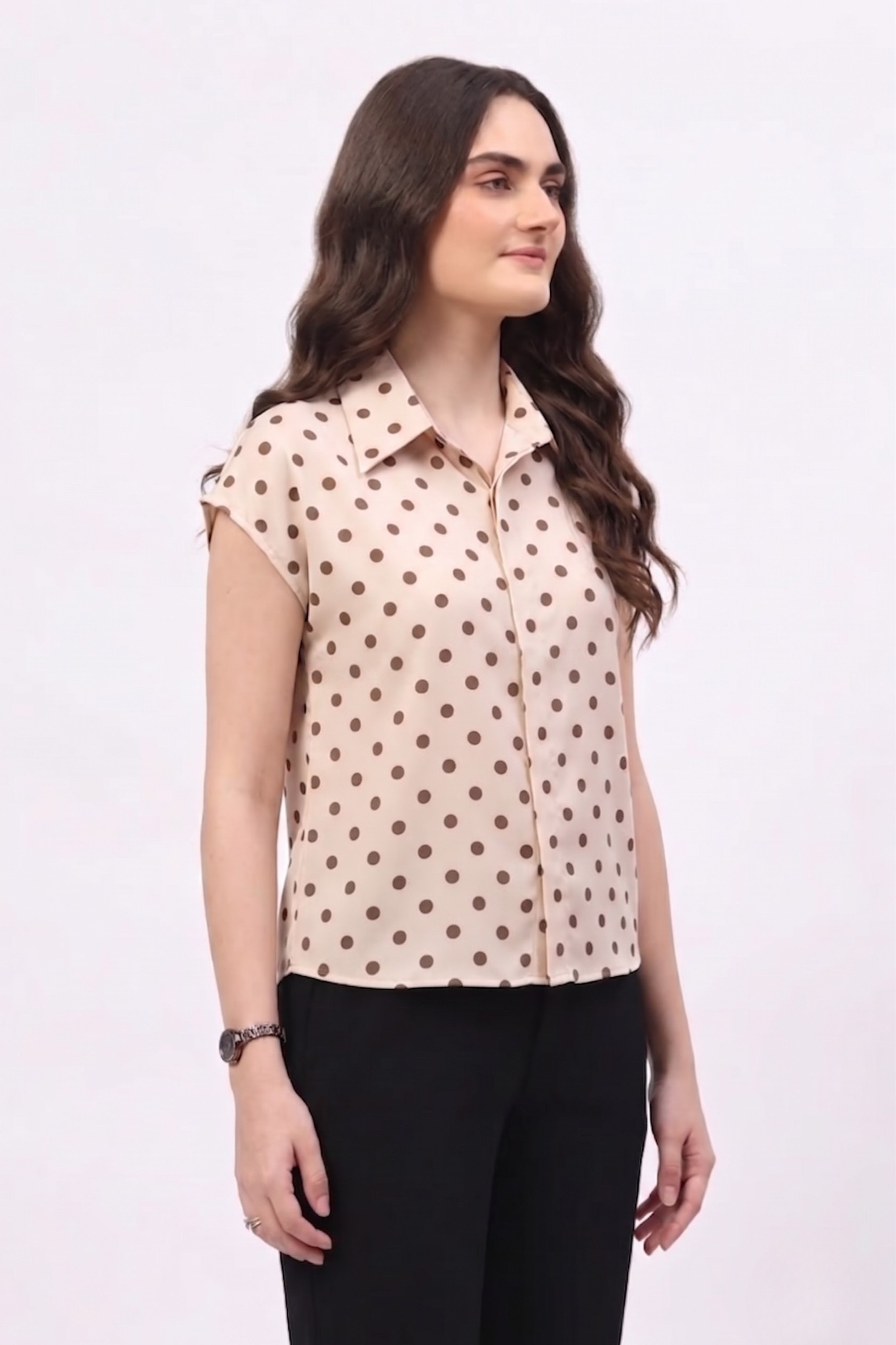 Cream Satin Blend Polka Dot Shirt