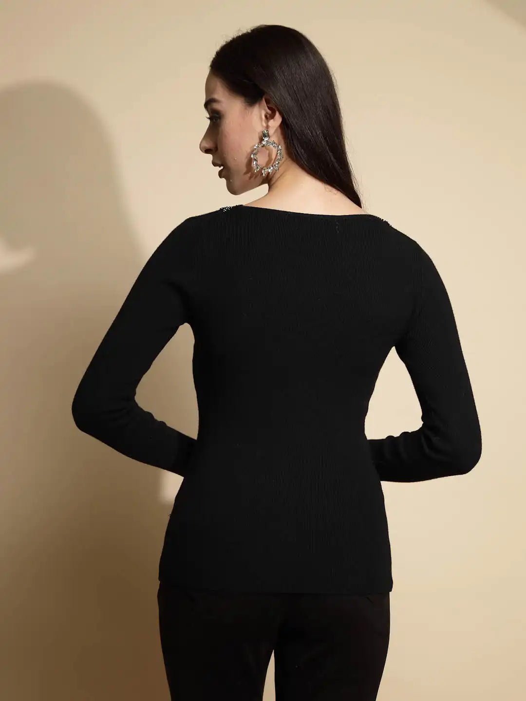 Black Embellished Full Sleeve V-Neck Casual Pullover - Global Republic
