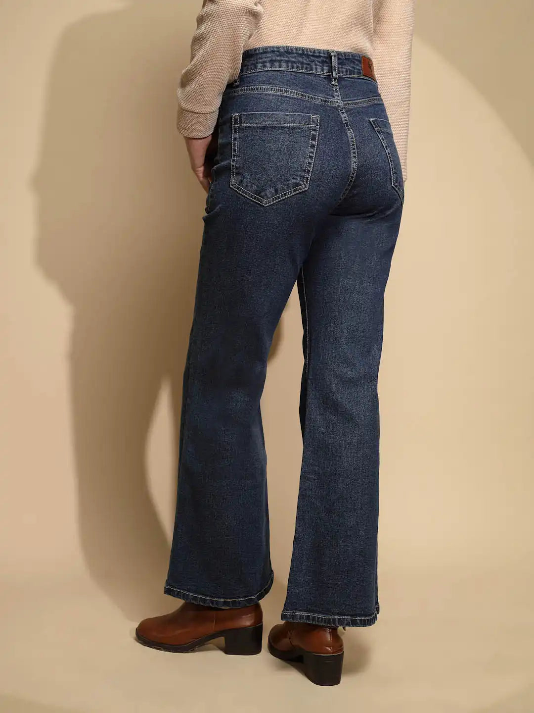 Dark Blue Solid Cotton Blend Mid Rise Wide Leg Jeans - Global Republic