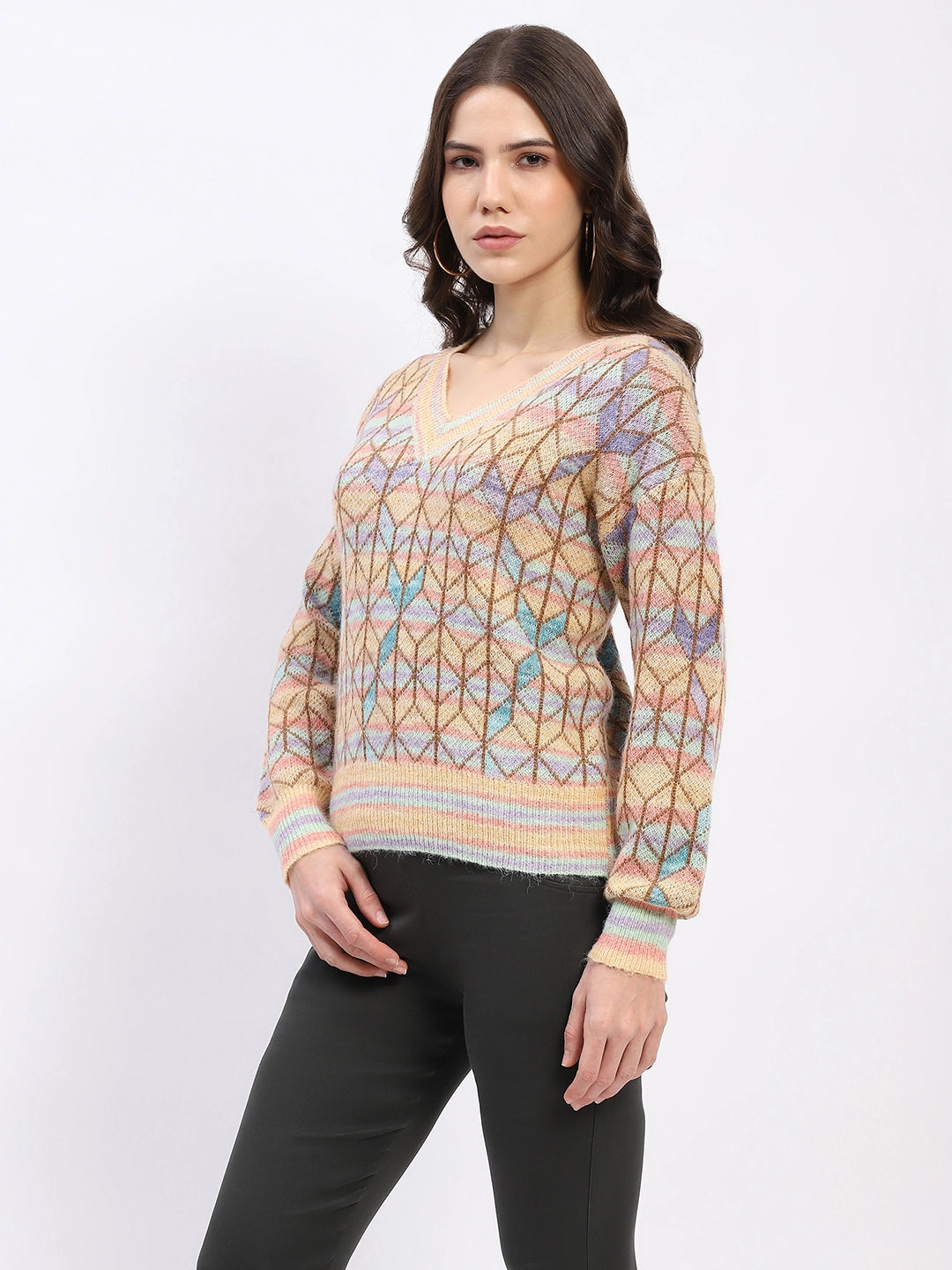 Multicolor Geometric V-Neck Pullover - Global Republic