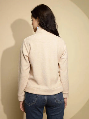 Beige Solid Full Sleeve Turtle Neck Fleece Sweatshirt