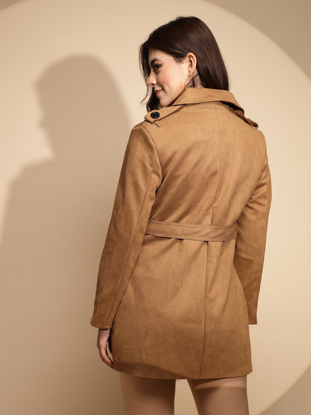 Women Brown Solid Collared Neck Full Sleeve Wool Blend Coat