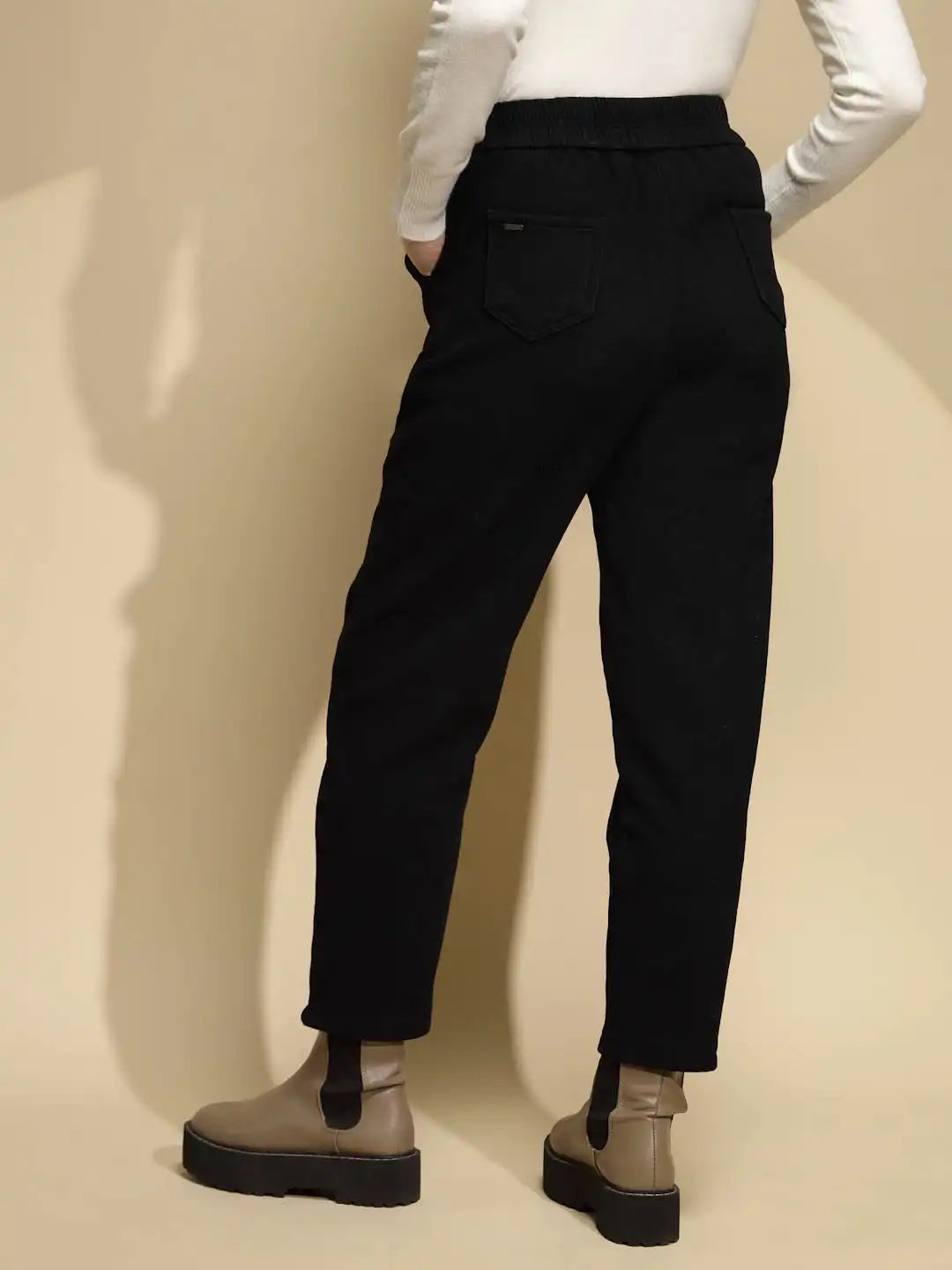 Black Solid Cotton Mid Rise Ankle Length Trouser