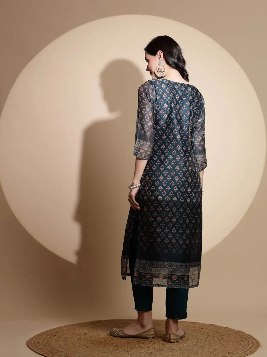 Blue Embroidery Print Three Fourth Sleeve Cotton Kurta Set - Global Republic