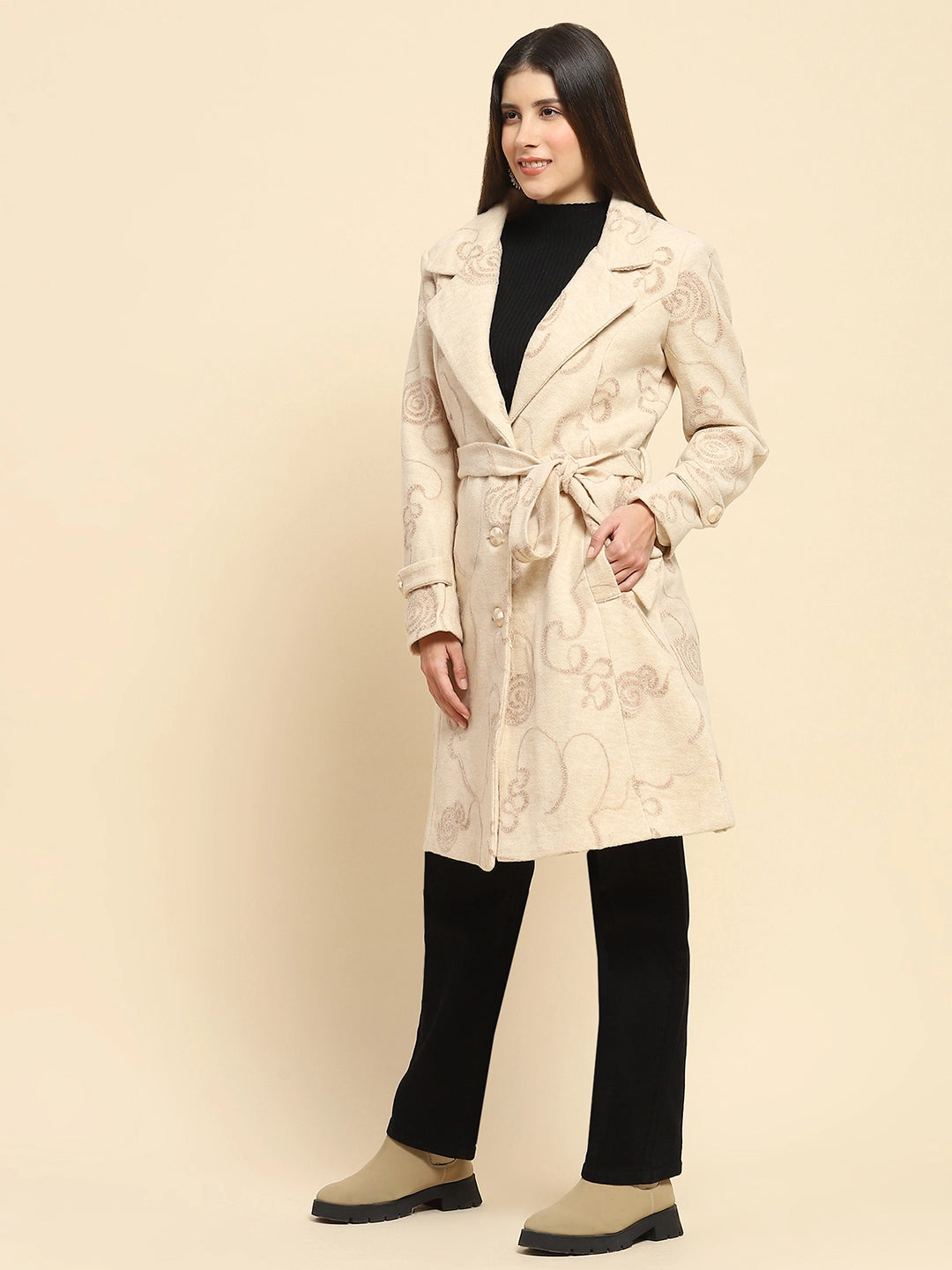 Beige Self Design Long Winter Coat